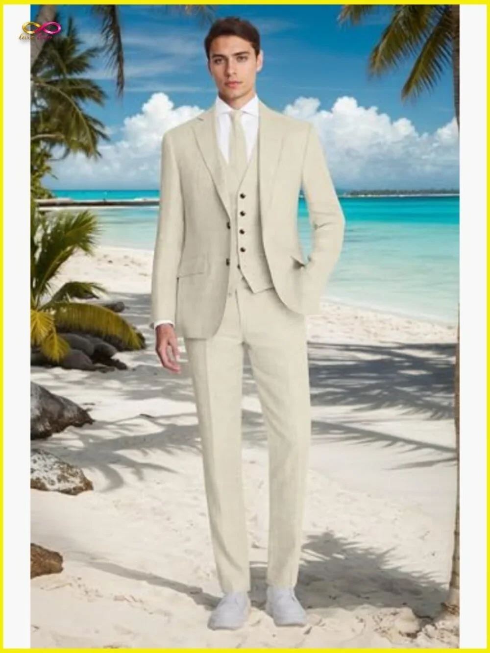 Linen Suit 3 Piece Slim Fit Blazer Vest Pants Set Wedding Prom Business